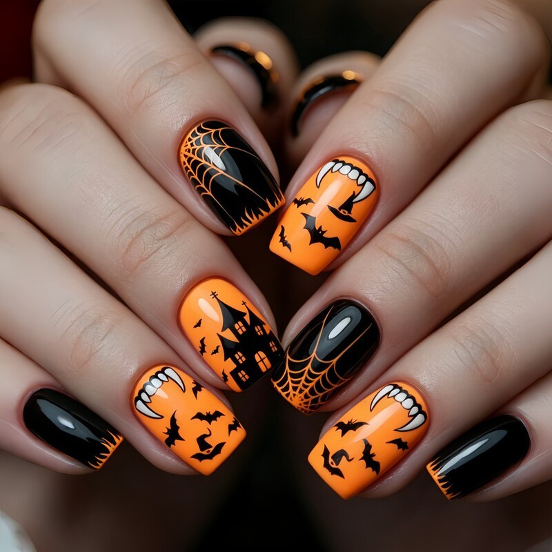 Halloween Nail Art: Orange and Black Fangs, Bat Castle Design, European and American Fashion Fake Nails