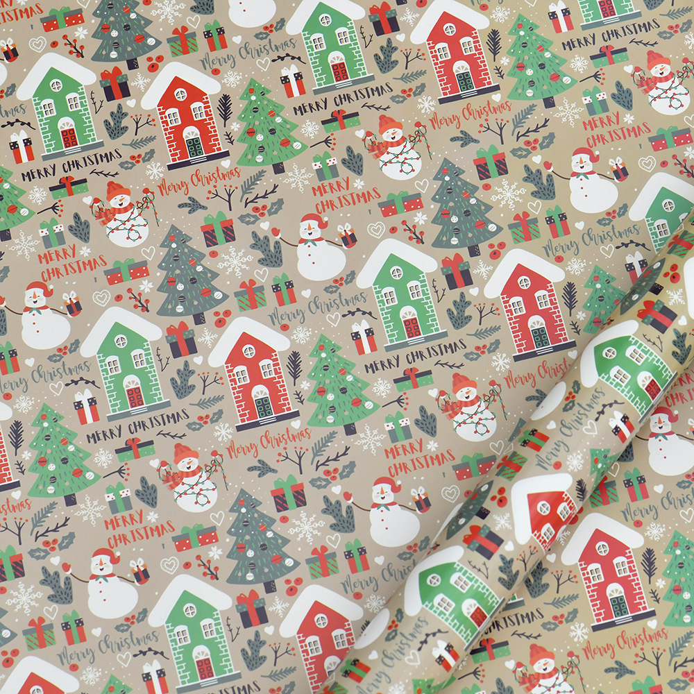Nuevo papel recubierto brillante papel de regalo de navidad papel de regalo muñeco de nieve de dibujos animados árbol de navidad papel de regalo