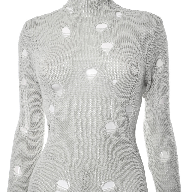 Women Clothing Autumn Winter Holes Long Sleeve Back Strap Woolen Long Conjoined Trousers