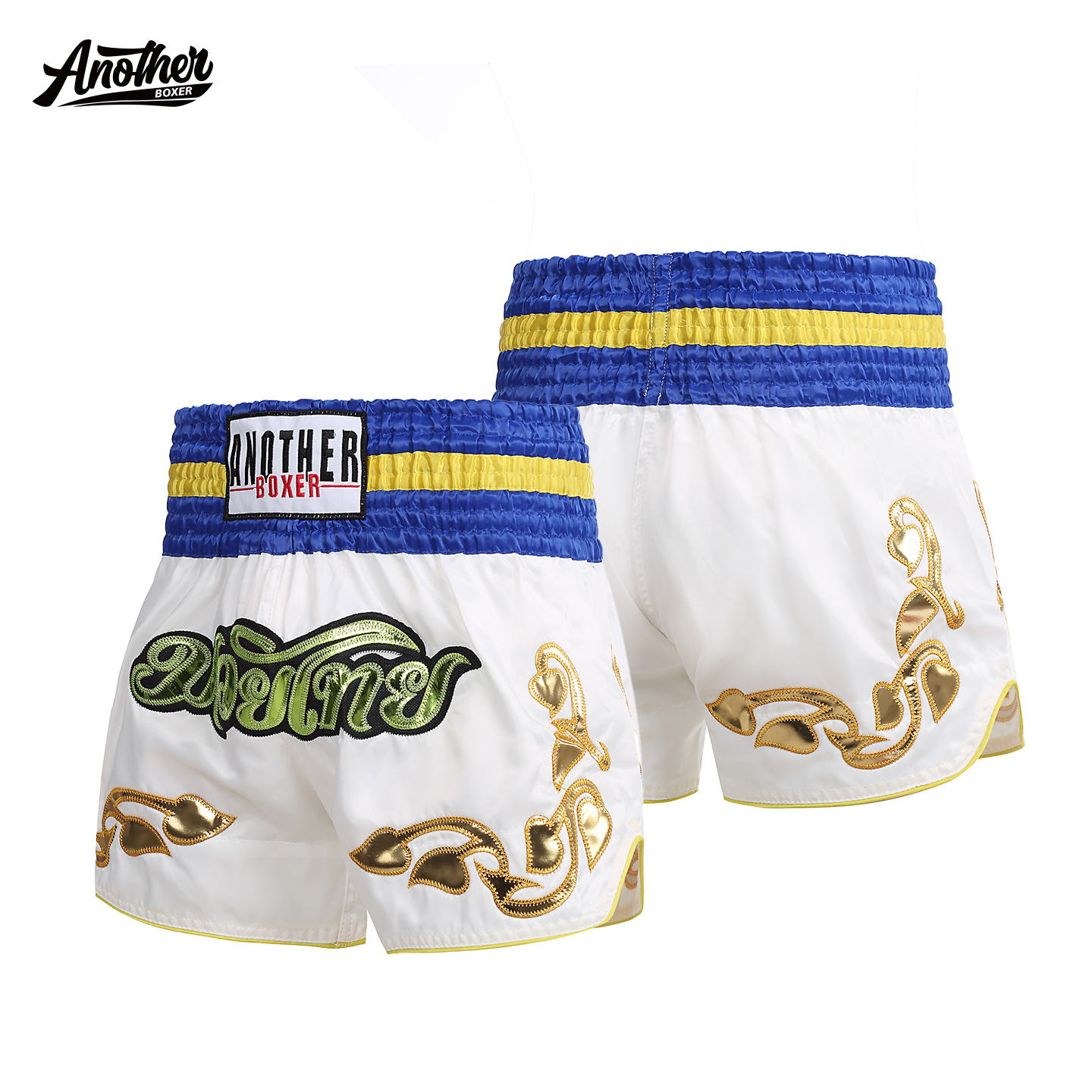 Anotherboxer White and Blue Boxing Shorts Thai Boxing Style Leather Embroidery Children's Thai Boxing Shorts Embroidered Version