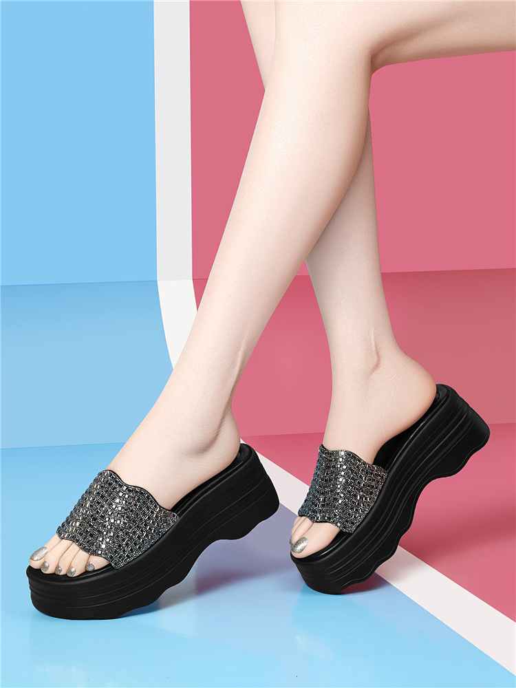Sandal nữ đế dày đính đá lấp lánh phong cách thời trang — 6075 Màu be, 6075 Da đen chi tiết 6