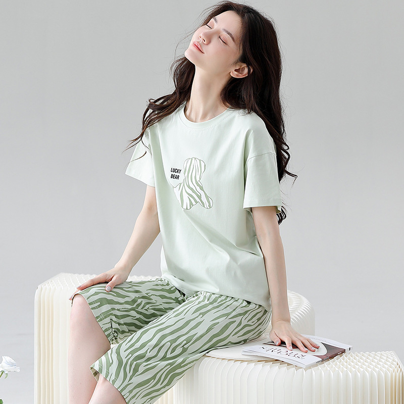 New Jiachun Summer Cool Cotton Pajamas Women's Short-sleeved Capri Pants Cartoon Casual Can-go Student Home Clothes suit