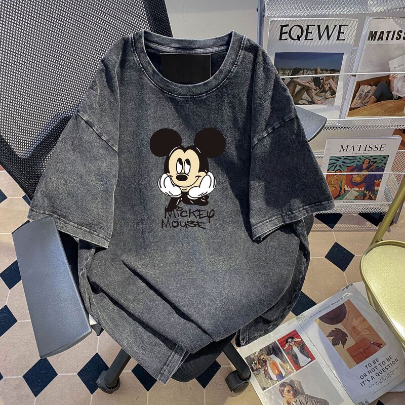 Pure Cotton Washed Distressed T-Shirt Round Neck Short-Sleeved Printed Half-Sleeved Summer Cool Popular Casual Couple Loose Top