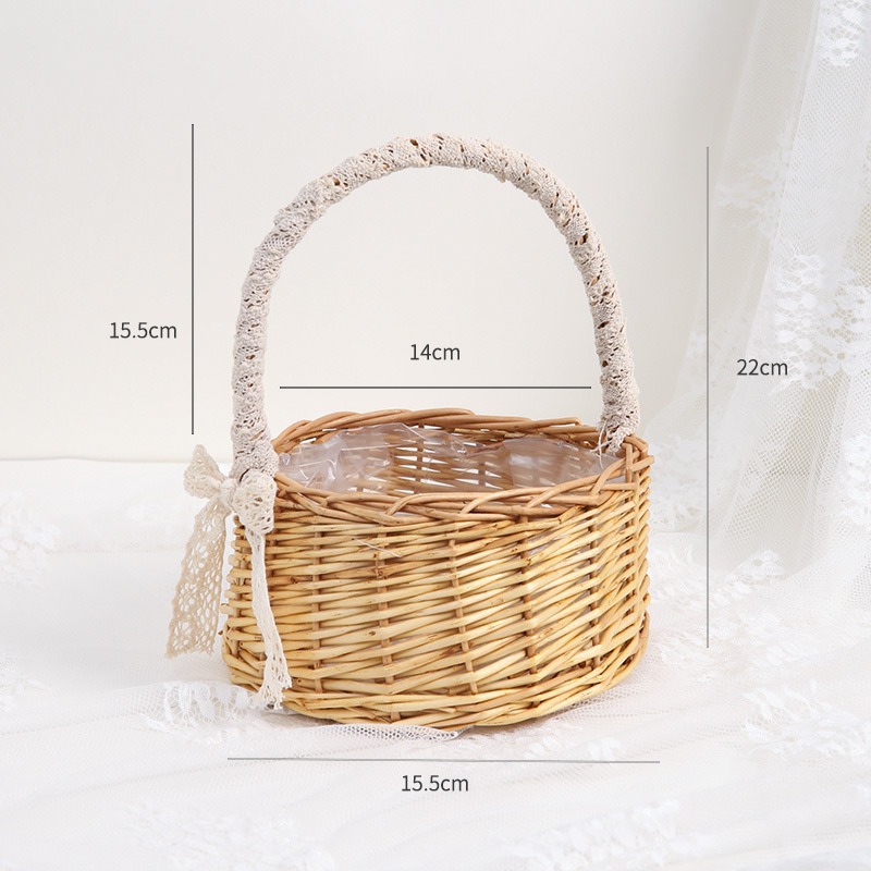 Cesta de flores con asa de encaje, cesta de bambú tejida para floristas, embalaje DIY, pequeña cesta de bambú para ramos y flores secas.