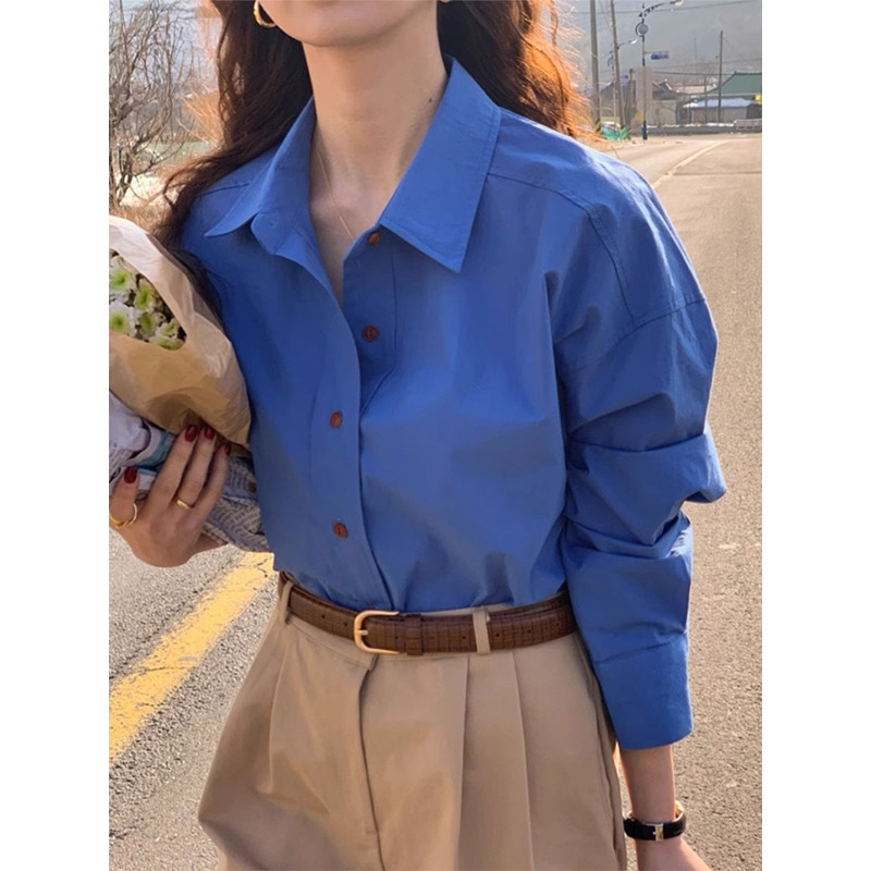 Klein Blue Shirt Women's 2025 Spring High-end Design Niche Retro Korean Style Loose Shirt New