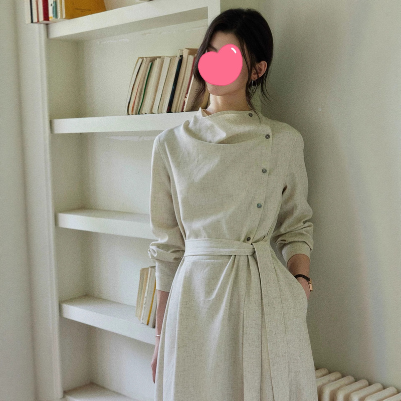 【Muyun Gui】High-End Long-Sleeve Dress with Diagonal Placket for Women, Autumn Intellectual Style, Waist-Cinching Dress