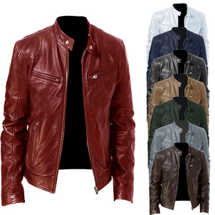 Cross-border Amazon New Men's Business Zipper Cardigan Pocket Decorative PU Leather Jacket Lift Collar Zipper Leather Jacket