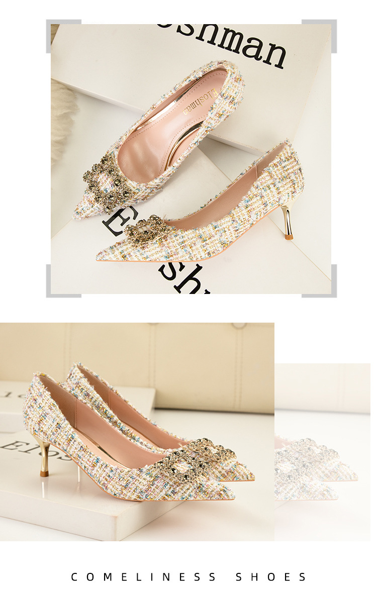 Fashion sexy slim high heels slim heels High heels shallow-cut pointe sparkling rhinester buckle women's single shoes_voghion.com