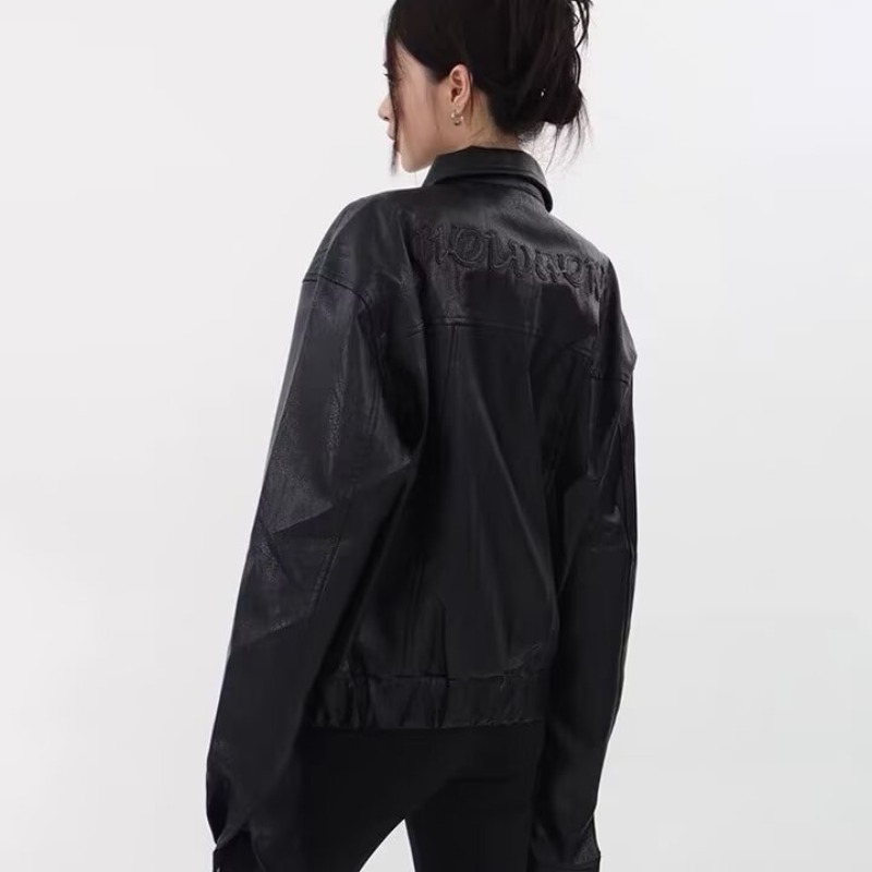boy Lazy American Retro Short Loose Motorcycle Leather Jacket For Women, Autumn And Winter New High Street Coat_voghion.com
