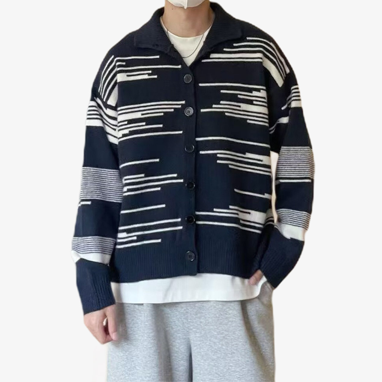 Explosiones transfronterizas de tamaño europeo tamaño grande polo collar camiseta de punto suéter hombre a rayas hebilla cardigan chaqueta fábrica al por mayor