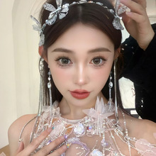 新款新娘头饰轻奢气质水晶长款流苏蝴蝶发带写真旅拍造型配饰发箍