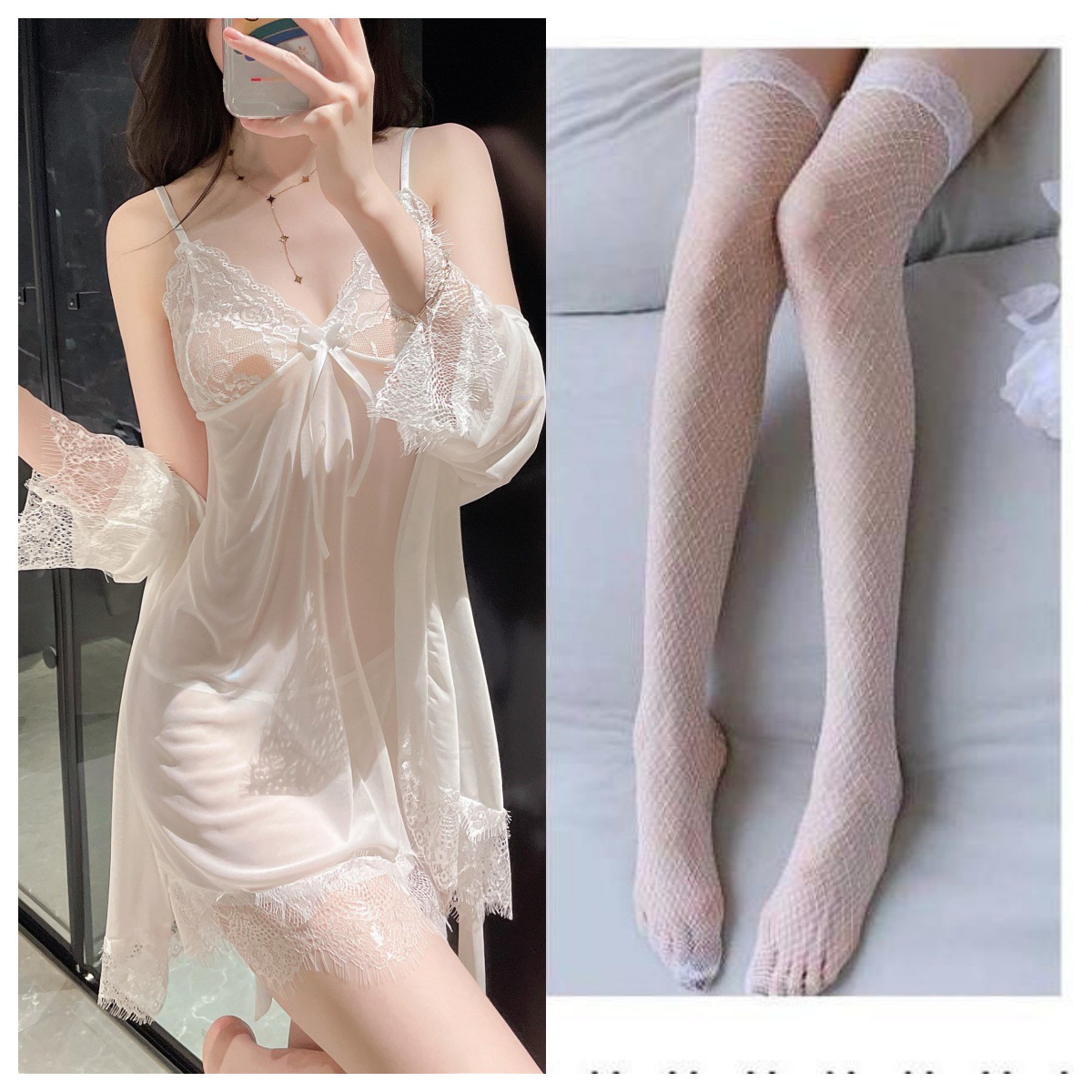 흰색 (잠옷 + 티셔츠 + 가운 + 흰색 망사스타킹)