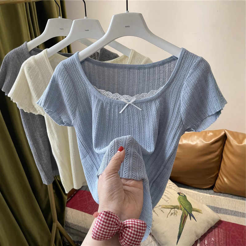 Jacquard Lace Stitching Hollow-out Knitwear Women's Short-sleeved Pullover Slim-fit Slimming Top All-match Base Shirt