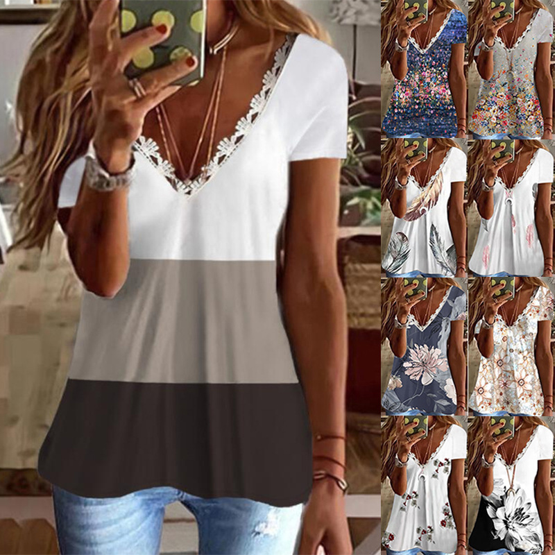2023 Spring and Summer European and American Amazon Wish New Casual Printed Lace V Neck Short-Sleeved T-Shirt for Women