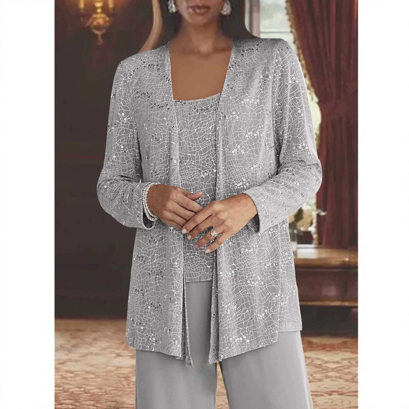 2026 New European and American Style AliExpress Wish Fashion Three-Piece Lace Cardigan Mother's Outfit Pants Suit Dress 2026 New European and American Style AliExpress Wish Fashion Three-Piece Lace Cardigan Mother's Outfit Pants Suit Dress
