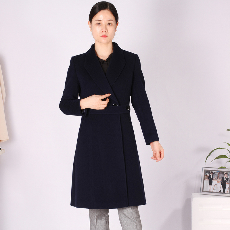 嘉欣克柔絲純色氣質通勤羊毛寬松型腰帶韓版深藍色西裝領毛呢外套