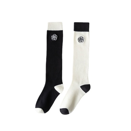 Black and White JK Thigh High Socks with Japanese Small Fragrance Camellia Embroidery, Women's Fine Cotton Micro-Compression Slimming Pressure Socks