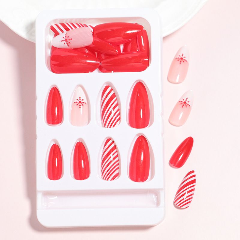 Christmas Wearable Manicure Red French Almond Nails Christmas Snowflake Patch Removable Candy Fake Nails