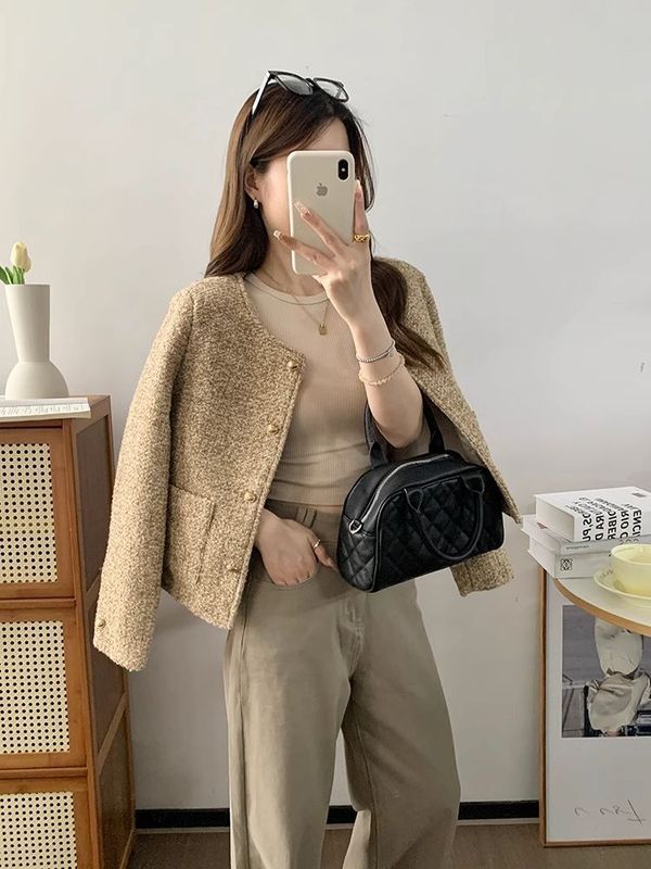 编织粗花呢小香风短外套女2025春秋感小个子圆领垫肩上衣跨境批发|undefined