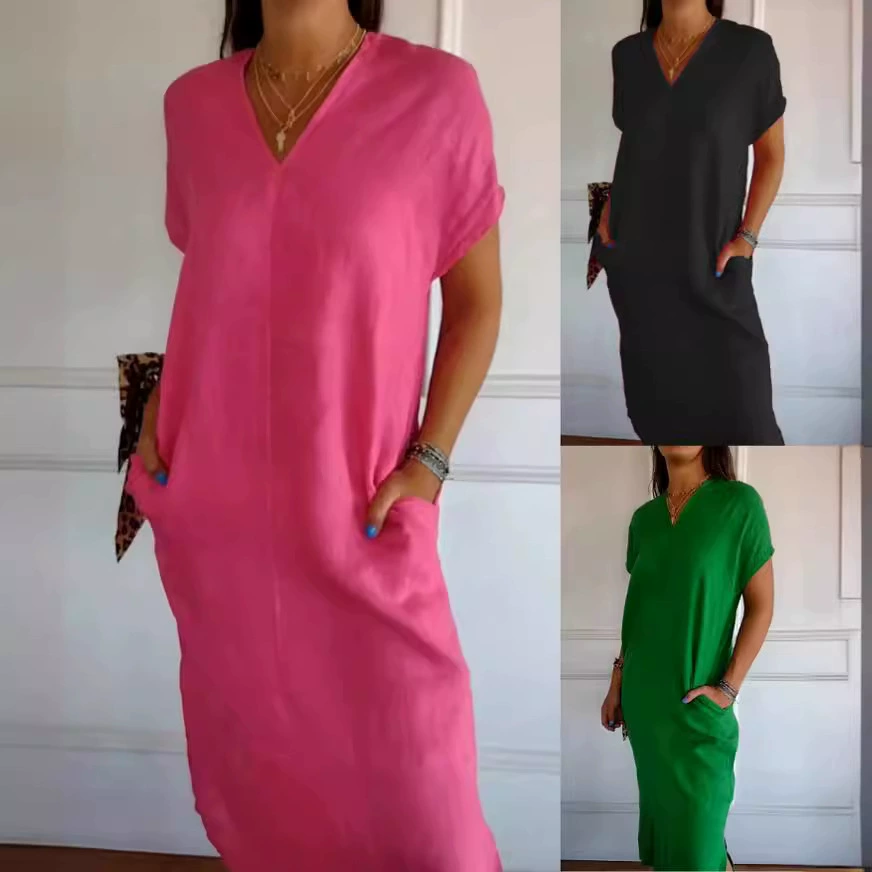2024 Весна и лето трансграничное Amazon независимая станция Новое хлопковое и льняное Свободное платье с V-образным вырезом и короткими рукавами с разрезом женская одежда