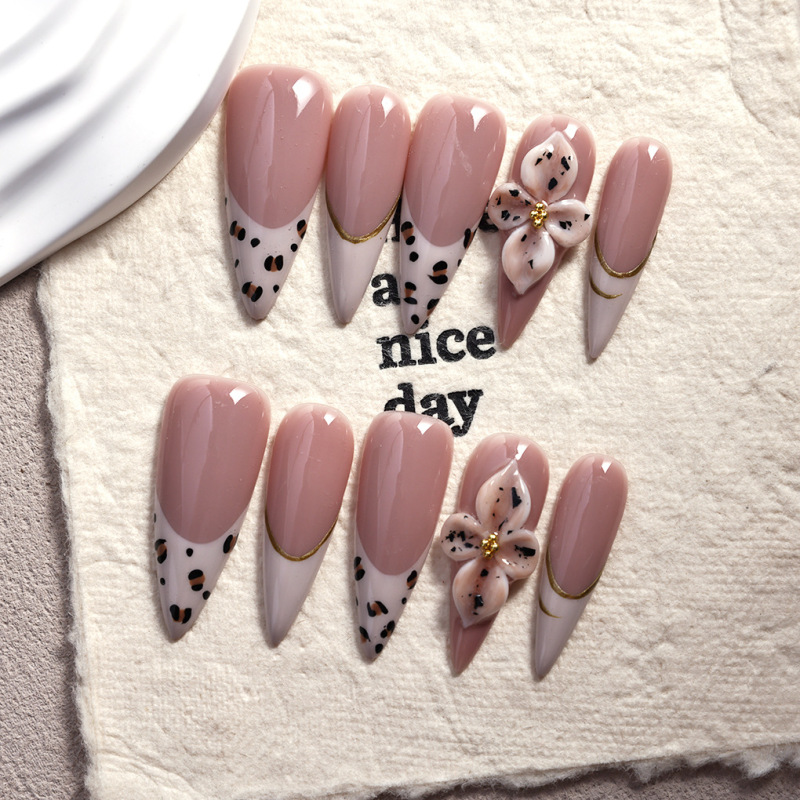 10Pcs3Cm Long Pointed Leopard Print French Stereo Carved Export European and American Pure Handmade Press-On Fake Nails Wholesale