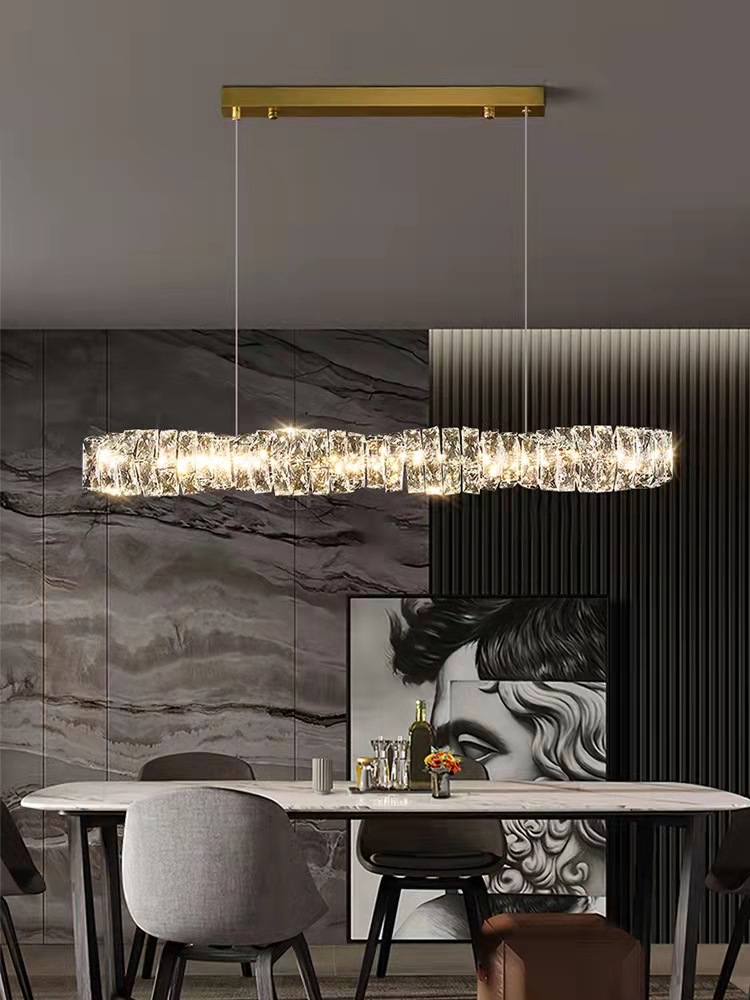Diseñador moderno y simple Taiwán modelo de casa de lujo villa de diseño de lámpara isla modelo de mesa de comedor de cristal barra larga