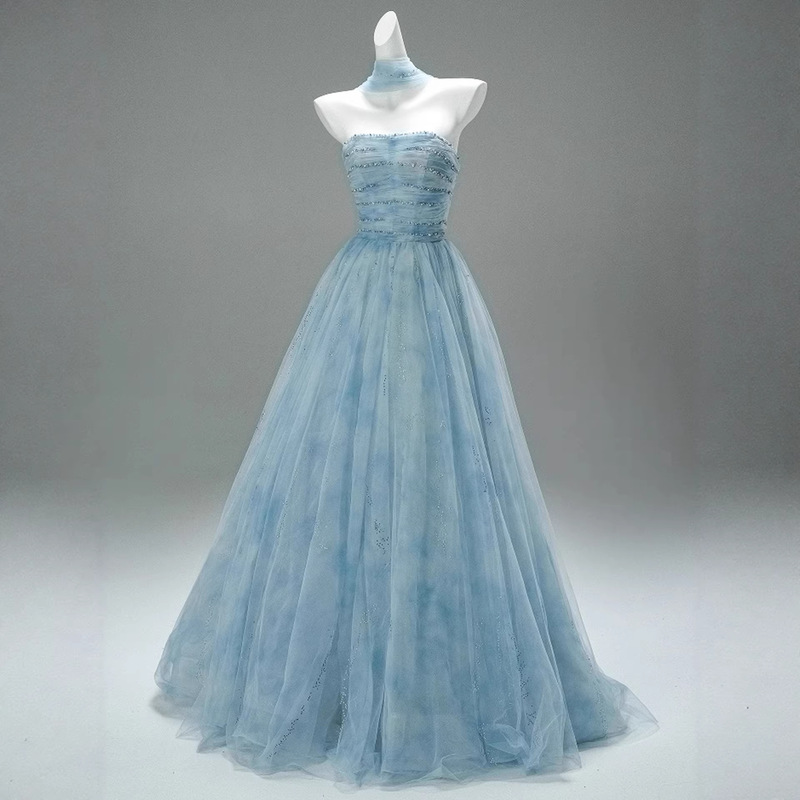 French-Style Light Luxury Princess Gown 2026 New Model Blue Bride's Toast Dress Elegant Host Banquet Performance Dress French-Style Light Luxury Princess Gown 2026 New Model Blue Bride's Toast Dress Elegant Host Banquet Performance Dress