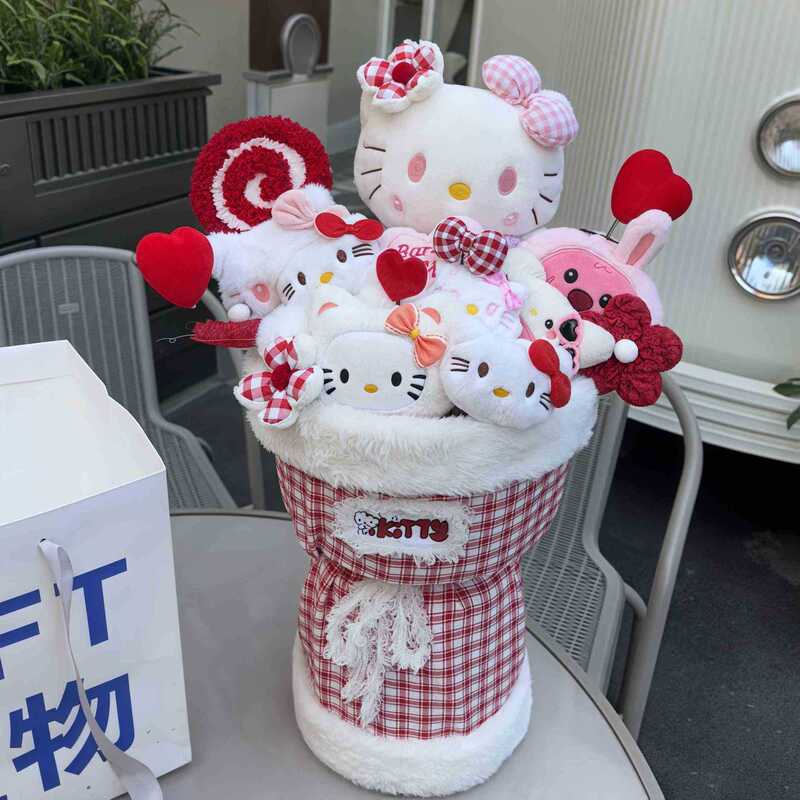 かわいい人形の花束、中国のバレンタインデー、ガールフレンド、親友、ボーイフレンドへの誕生日プレゼント、ハローキティハグバケツフラワーショップ|undefined
