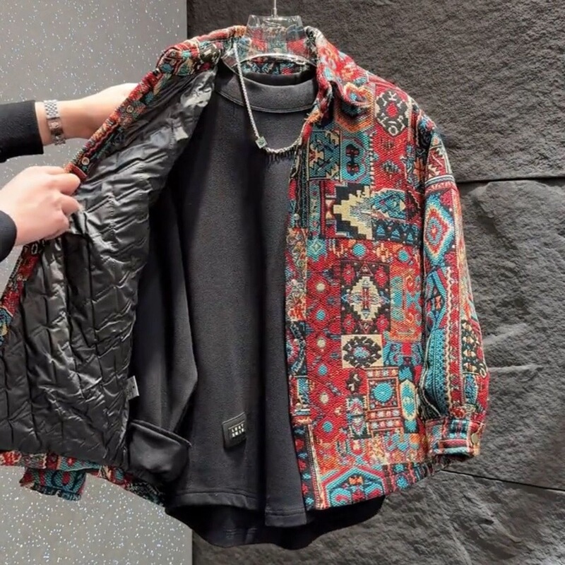 Ethnic-style jacquard casual collared shirt jacket for men, new autumn versatile loose-fitting swallowtail warm cotton coat Ethnic-style jacquard casual collared shirt jacket for men, new autumn versatile loose-fitting swallowtail warm cotton coat