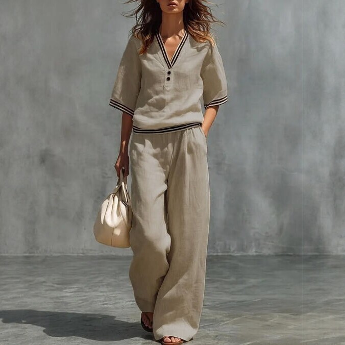 2026 Spring and Summer New Style Linen V Neck Loose Casual Suit Women's Pure Color Wide-Leg Pants Two-Piece Set European and American Style 2026 Spring and Summer New Style Linen V Neck Loose Casual Suit Women's Pure Color Wide-Leg Pants Two-Piece Set European and American Style