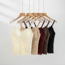 雪尼尔蕾丝性感吊带背心V领镂空带胸垫磨毛美背内搭秋季打底上衣
