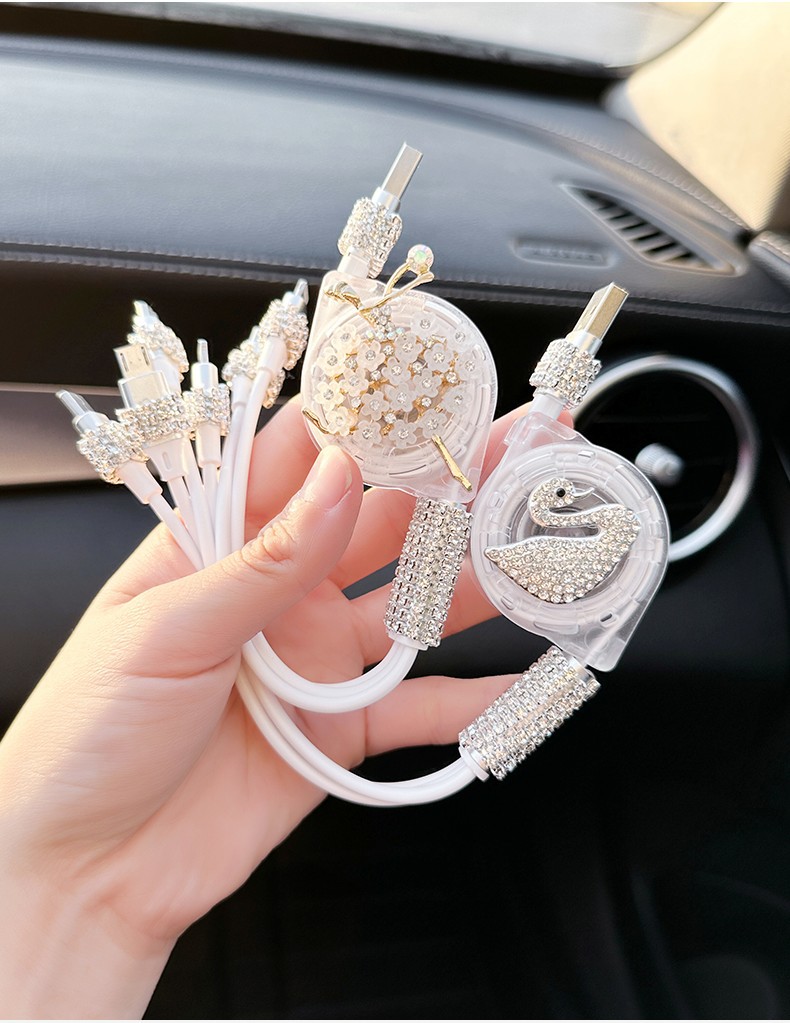 Car Charger Fast Charging Cigarette Lighter Light Luxury Car One to Three Multi-Function Telescopic Three-In-One Mobile Phone Data Cable