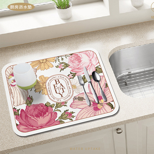Small fresh plant and flower washbasin insulated, water-absorbent, non-slip, easy-care insulation mat, kitchen countertop drain mat