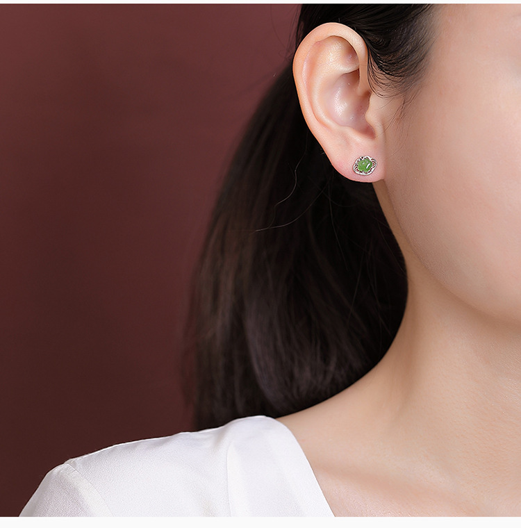 Bông tai bạc S925 đính ngọc Hetian tự nhiên hình Như Ý rỗng — Mẫu bạc chi tiết 6