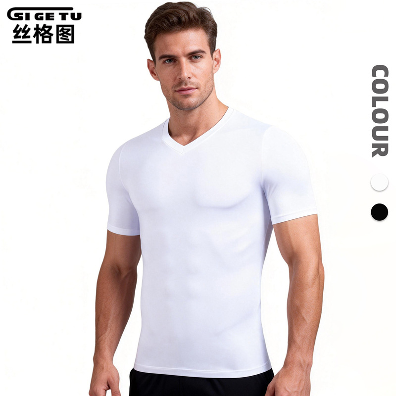 Silk Picture Cross-Border Short-Sleeved Fitness Clothing Men's Summer Elastic Quick-Drying Pro Bodysuit Training V Neck Sports T-Shirt