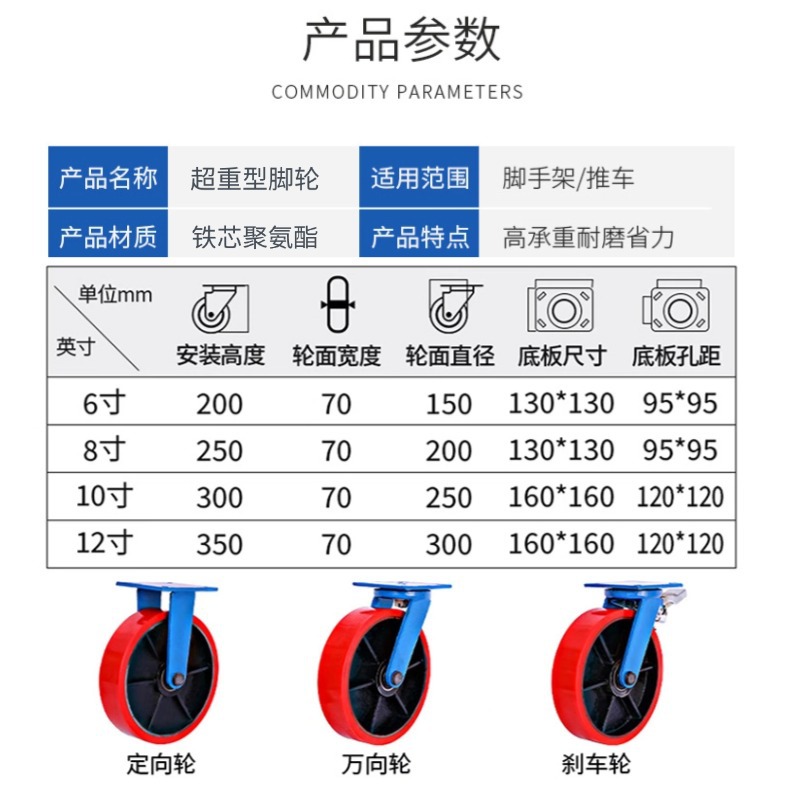 ✅超重型铁芯PU轮4568寸10寸12寸静音耐磨承重万向轮加厚铸铁推车
