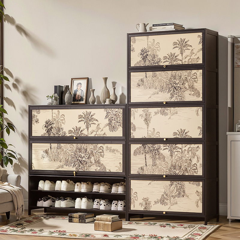 实木极简风鞋柜美式复古2025新款家用门口美式黑色靠墙鞋架收纳柜