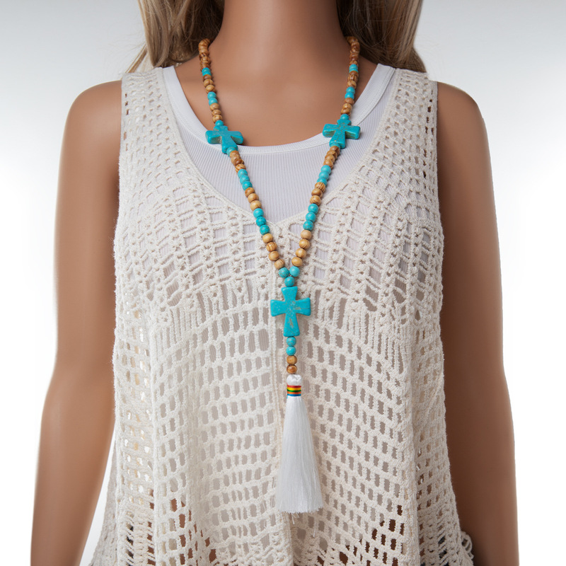 Fashion Personality Wind Turquoise Peace Symbol Star Love Cross Tassel Long Women's Necklace Woolen Chain