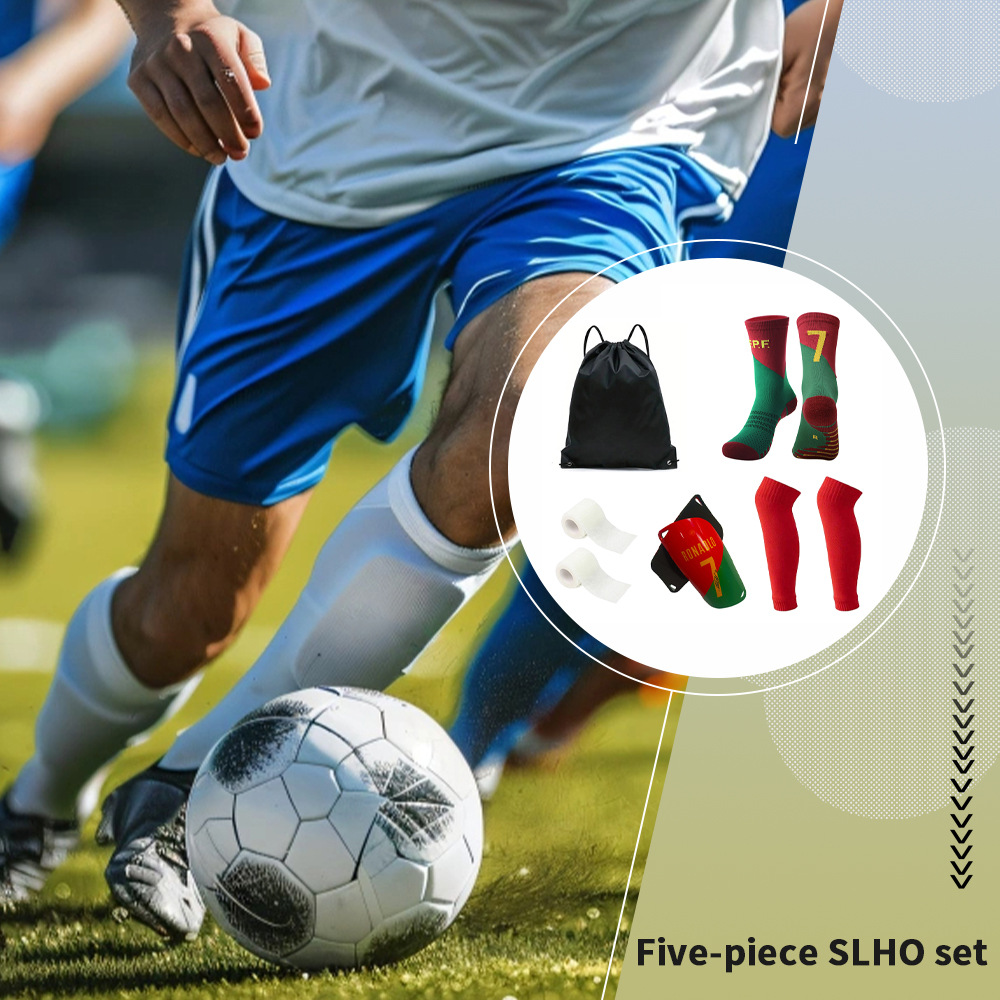 Cross-Border Hot-Selling Football Socks, Sports Gear, Leg Sleeves, Shock-Absorbing Football Socks, Shin Guards, Bandages, Drawstring Ball Bag, 5 Pieces