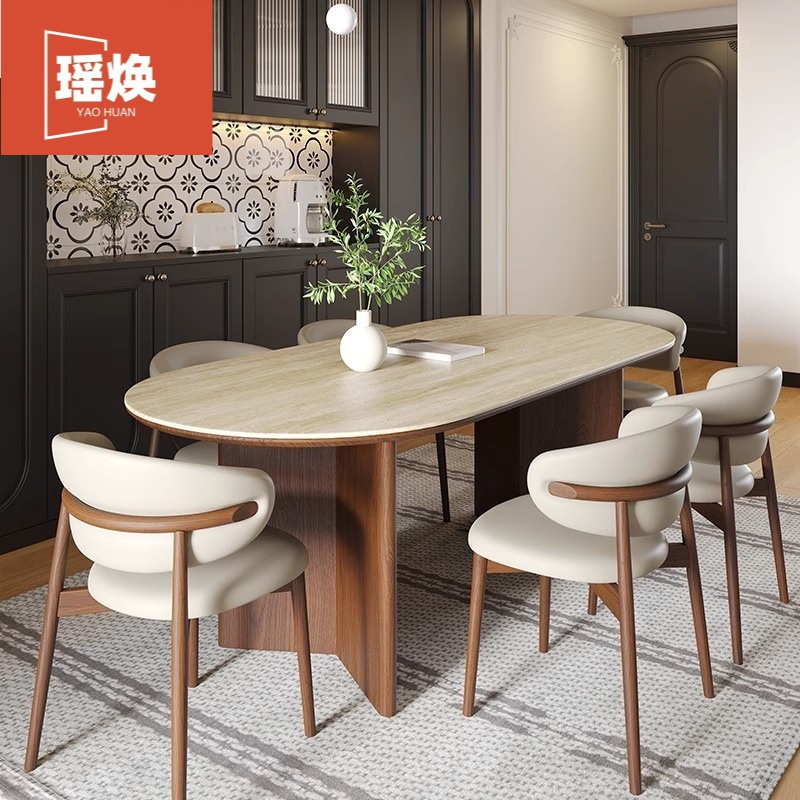 French Solid Wood High-End Dining Table for Home Simple Dining Table in Antique Style Oval Travertine Slate Dining Table and Chair Combination