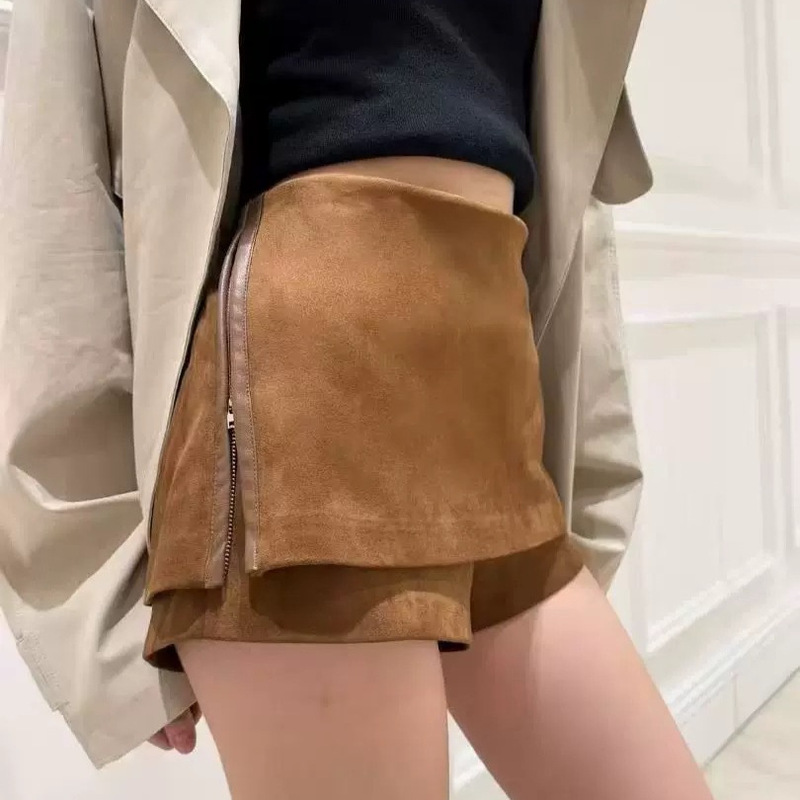 2025 Autumn New American Retro Brown Side Zipper Two-Way Mini Anti-Exposure Hot Girl Skirt Pants Half Skirt