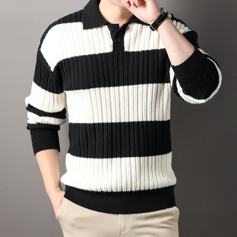 秋冬季新款潮流毛衣中年翻领线衣休闲条纹撞色保暖针织打底衫男装