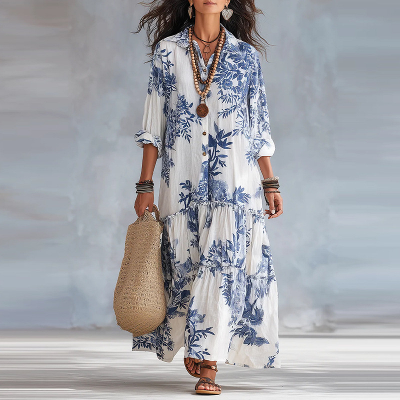 European and American Foreign Trade Cross-Border New Women's Long Shirt Dress Bohemian Style Casual Vacation Dress for Women