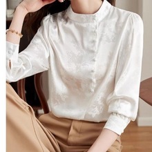 缎面雪纺衫女秋冬新款新中式国风配马面裙的加绒衬衣白色立领上衣