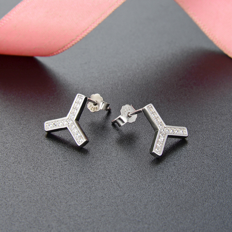 S925 de plata esterlina letra en forma de Y pendientes de diamantes Simple moda unisex todo-Partido transfronteriza pendientes de plata pendientes