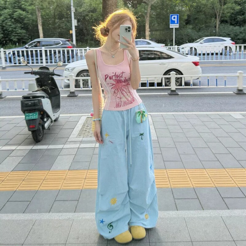 Jazz Dance Wide-Leg Pants for Women, Sports Parachute Cargo Pants, Summer American-Style Loose Casual Quick-Dry Pants Jazz Dance Wide-Leg Pants for Women, Sports Parachute Cargo Pants, Summer American-Style Loose Casual Quick-Dry Pants