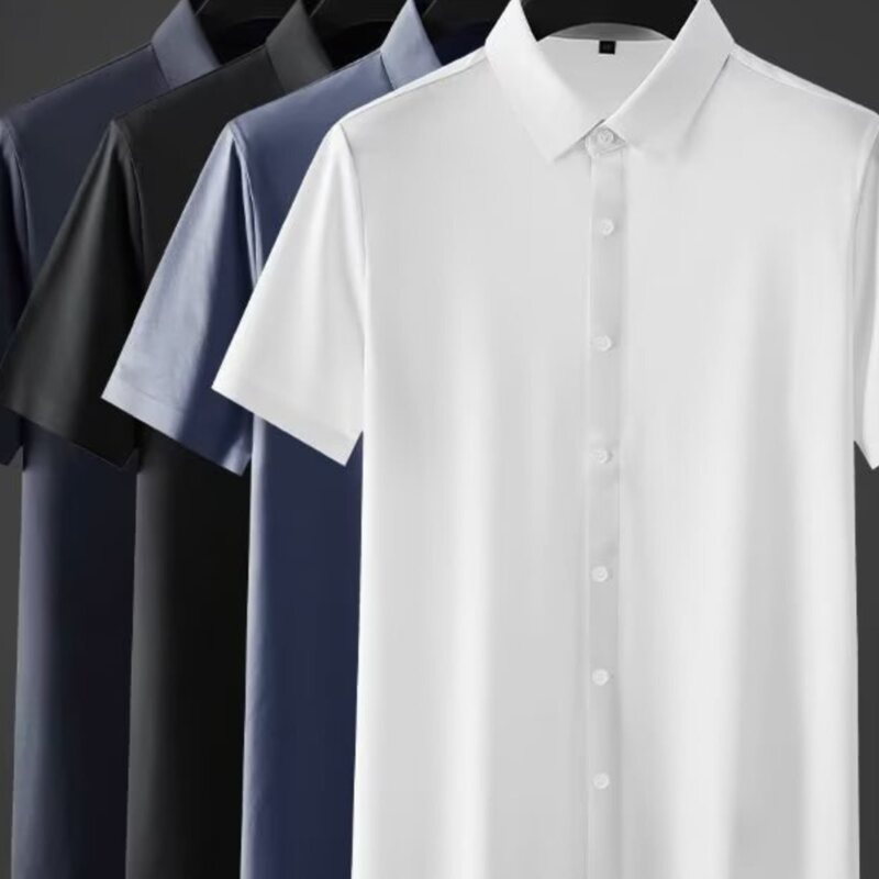 Summer Men's Ice Silk Short-Sleeve Shirt with Drape and Stretch, Business Formal Base Shirt, Plus-Size Men's Clothing