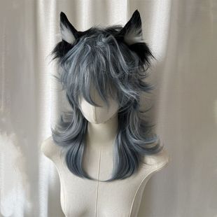 Xuchang Wig for Men and Women, Gray Mist Blue Wolf Tail Hair, Mullet Head, Sweet and Cool Layers, Handsome, Fashionable and Natural Full Headgear