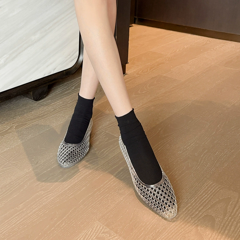 Корейские желейные туфли на плоской подошве с кристаллами из ПВХ, уличные повседневные сандалии с острым носком, танцевальные туфли без шнуровки с вырезами