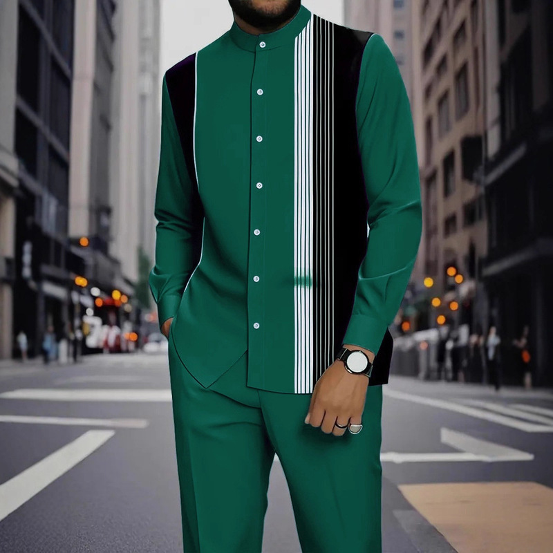 European and American Export 2025 New Men's Casual Trendy 3D Printed Ethnic Style Stand-Up Collar Shirt Long-Sleeved Pants Suit